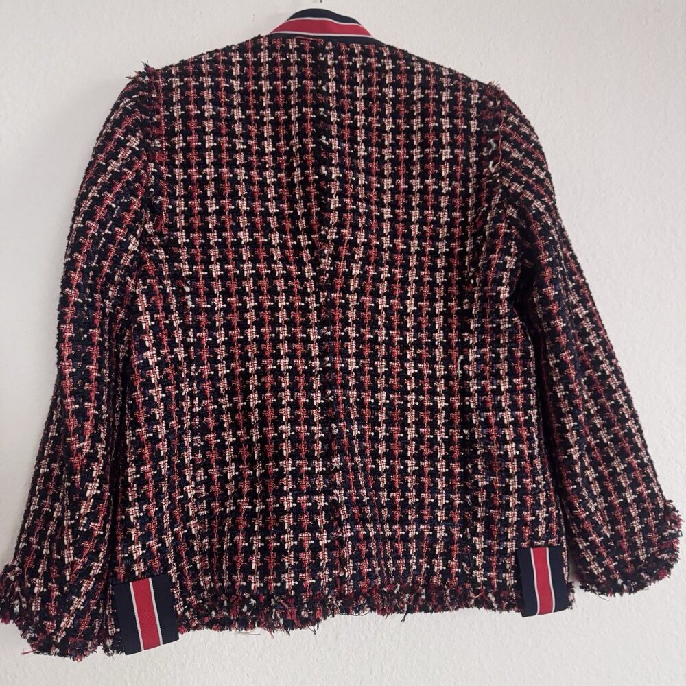 Zara Red Tweed Blazer Jacket With Striped Details Sz M Pearl Like Buttons - Picture 15 of 15